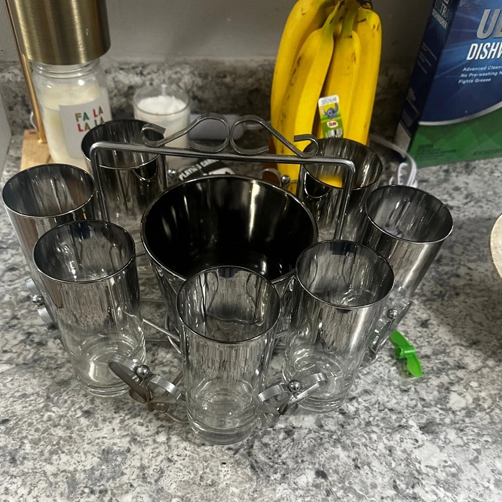Mid-Century Silver Fade Glassware‎ Set with Caddy & Ice Bucket | 7 Glasses |